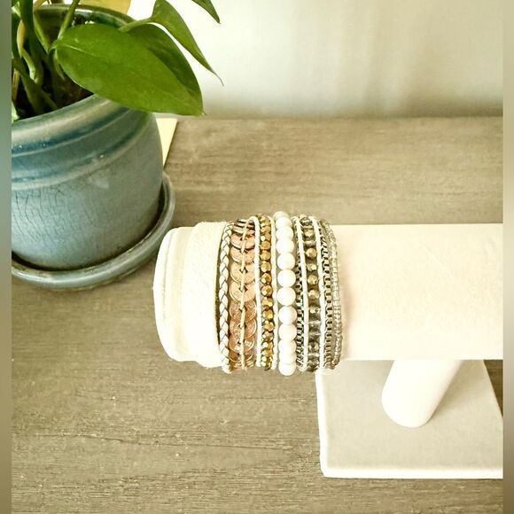 Victoria Emerson Cuff Bracelet in White and Gold with Leather Accent - Picture 1 of 3
